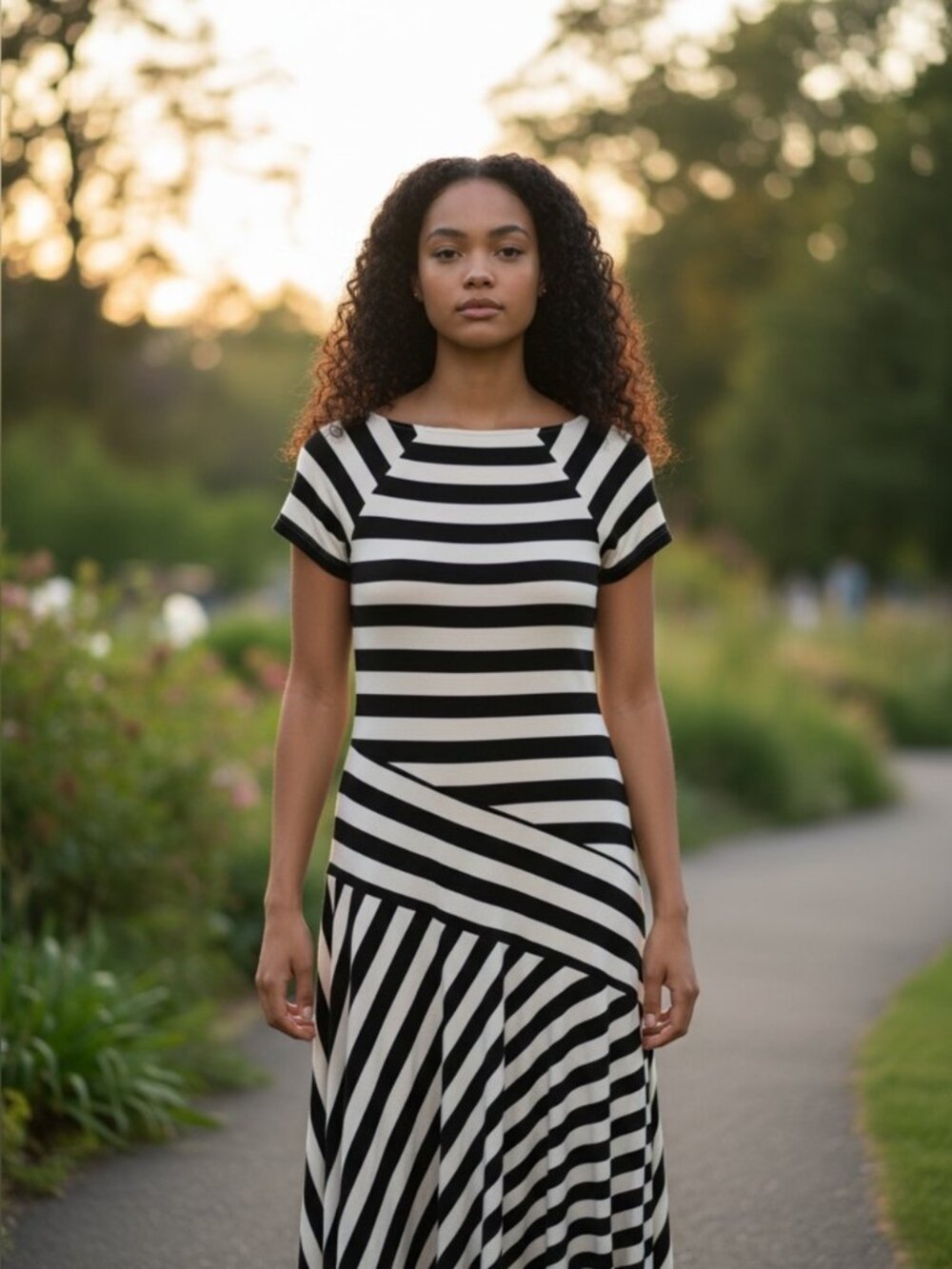 Ralph Lauren Black & White Striped Asymmetric Midi Dress